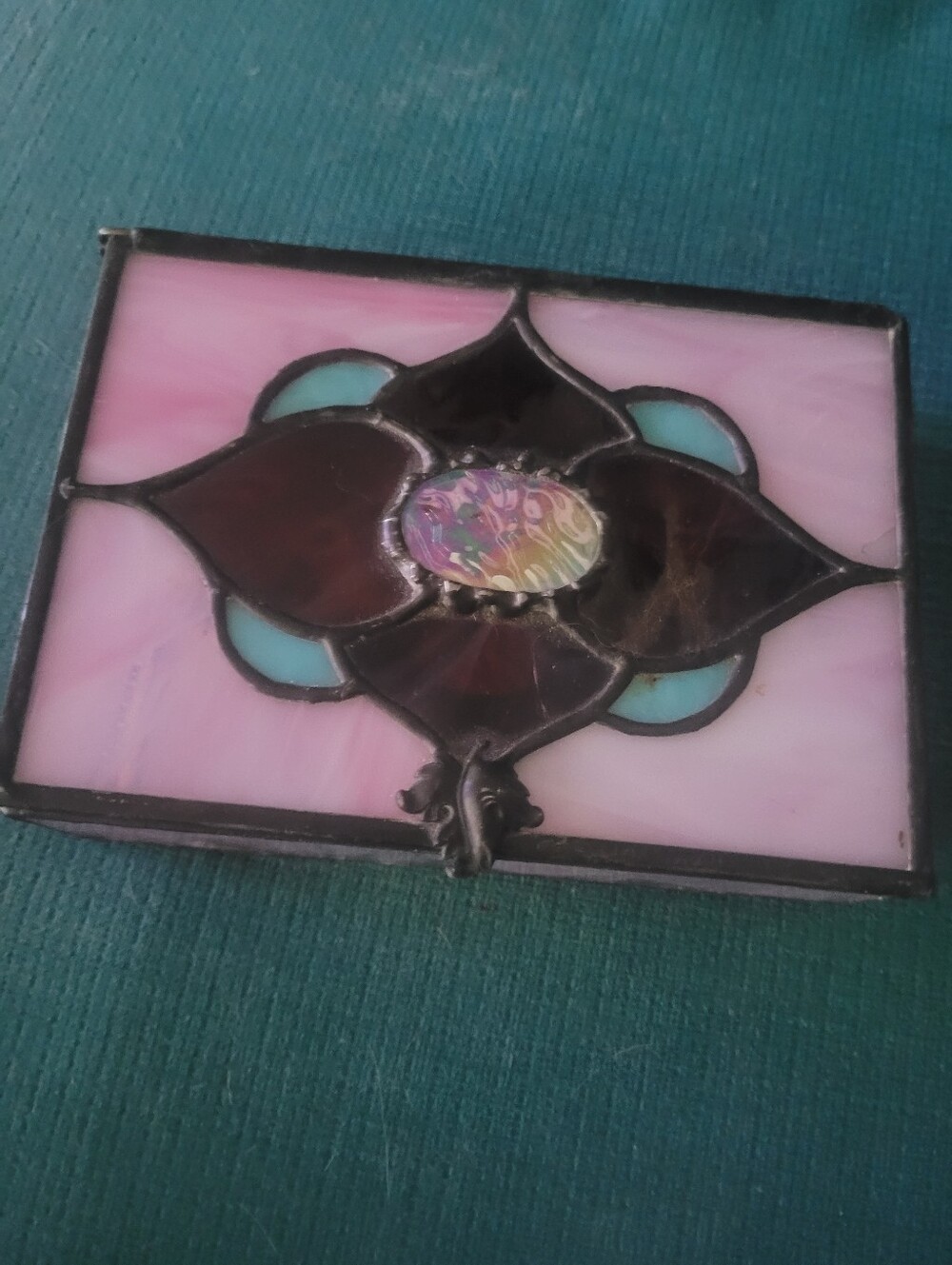 Stained Glass Trinket Box in Pink with Turquoise Accents